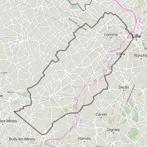 Miniature de la carte de l'inspiration cycliste "Parcours Routier de Festubert" dans la Nord-Pas de Calais, France. Générée par le planificateur d'itinéraire cycliste Tarmacs.app