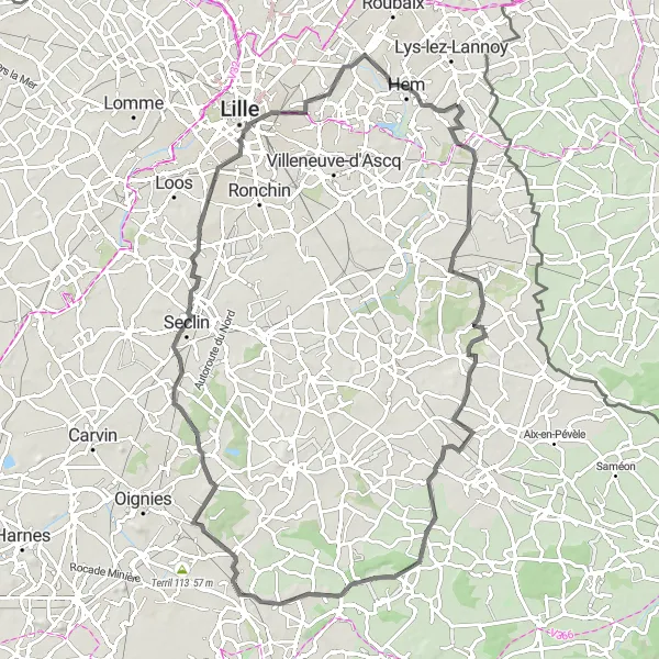 Miniature de la carte de l'inspiration cycliste "Boucle des Villes Historiques" dans la Nord-Pas de Calais, France. Générée par le planificateur d'itinéraire cycliste Tarmacs.app