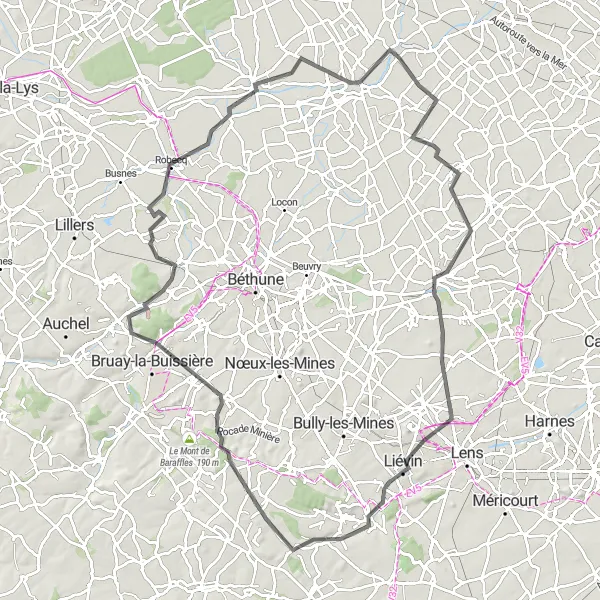 Miniature de la carte de l'inspiration cycliste "Tour à vélo à travers la campagne nordiste" dans la Nord-Pas de Calais, France. Générée par le planificateur d'itinéraire cycliste Tarmacs.app