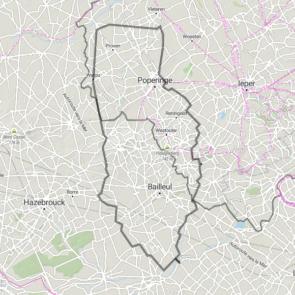 Map miniature of "Strazeele Loop" cycling inspiration in Nord-Pas de Calais, France. Generated by Tarmacs.app cycling route planner