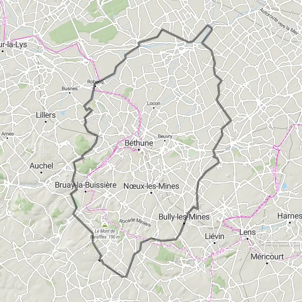 Miniature de la carte de l'inspiration cycliste "Parcours des Coteaux de la Lys" dans la Nord-Pas de Calais, France. Générée par le planificateur d'itinéraire cycliste Tarmacs.app