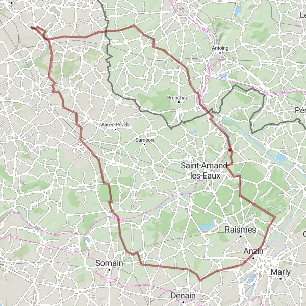 Map miniature of "Gravel Route through Sainghin-en-Mélantois" cycling inspiration in Nord-Pas de Calais, France. Generated by Tarmacs.app cycling route planner