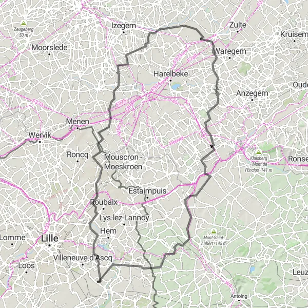 Map miniature of "Road Adventure: Croix and Oostrozebeke" cycling inspiration in Nord-Pas de Calais, France. Generated by Tarmacs.app cycling route planner