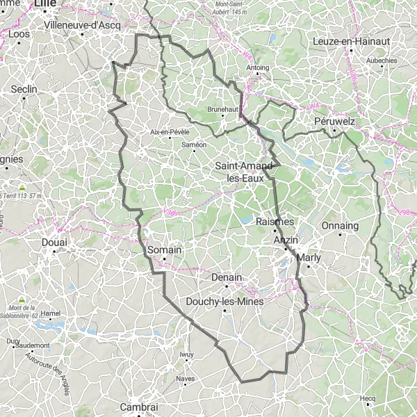 Miniature de la carte de l'inspiration cycliste "Tour à Château-l'Abbaye et Coutiches" dans la Nord-Pas de Calais, France. Générée par le planificateur d'itinéraire cycliste Tarmacs.app
