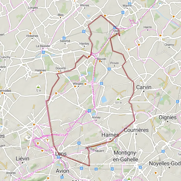 Miniature de la carte de l'inspiration cycliste "Les Chemins du Bassin Minier" dans la Nord-Pas de Calais, France. Générée par le planificateur d'itinéraire cycliste Tarmacs.app