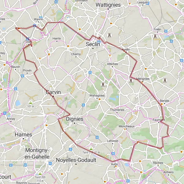 Miniature de la carte de l'inspiration cycliste "Les Collines de Weppes" dans la Nord-Pas de Calais, France. Générée par le planificateur d'itinéraire cycliste Tarmacs.app