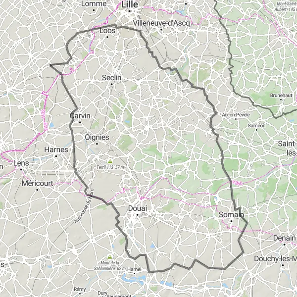 Miniature de la carte de l'inspiration cycliste "Boucle à vélo de 127 km autour de Sainghin-en-Weppes" dans la Nord-Pas de Calais, France. Générée par le planificateur d'itinéraire cycliste Tarmacs.app