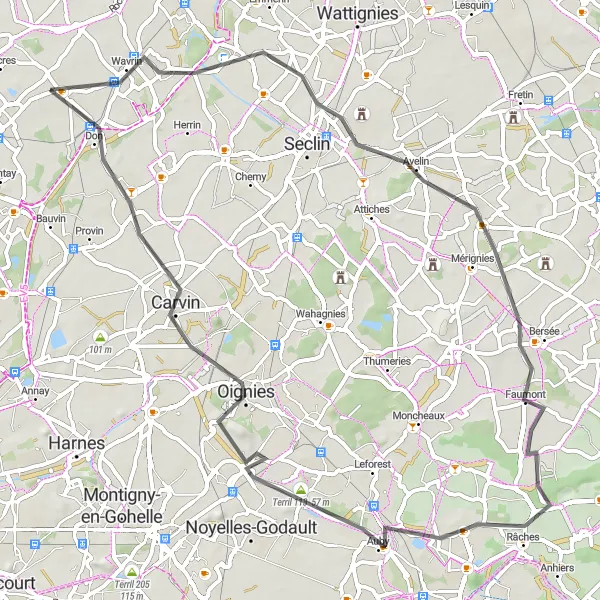 Miniature de la carte de l'inspiration cycliste "Vers les Villes de la Plaine" dans la Nord-Pas de Calais, France. Générée par le planificateur d'itinéraire cycliste Tarmacs.app