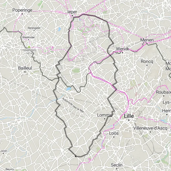 Miniature de la carte de l'inspiration cycliste "Parcours des Monts et Vallées" dans la Nord-Pas de Calais, France. Générée par le planificateur d'itinéraire cycliste Tarmacs.app