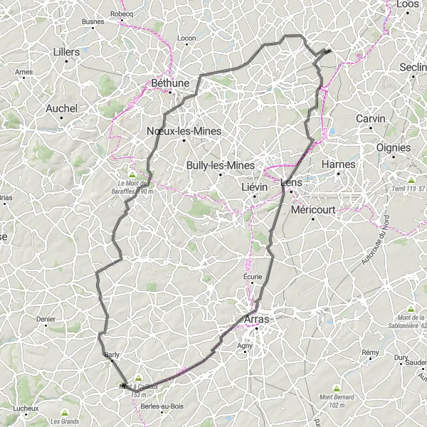 Miniature de la carte de l'inspiration cycliste "Parcours à vélo de 119 km dans les environs de Sainghin-en-Weppes" dans la Nord-Pas de Calais, France. Générée par le planificateur d'itinéraire cycliste Tarmacs.app