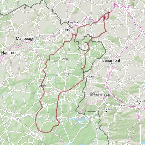 Miniature de la carte de l'inspiration cycliste "Gravel Adventure to Solre-le-Château" dans la Nord-Pas de Calais, France. Générée par le planificateur d'itinéraire cycliste Tarmacs.app