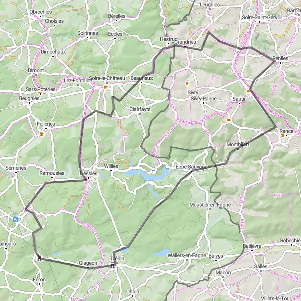 Miniature de la carte de l'inspiration cycliste "La Route des Châteaux" dans la Nord-Pas de Calais, France. Générée par le planificateur d'itinéraire cycliste Tarmacs.app