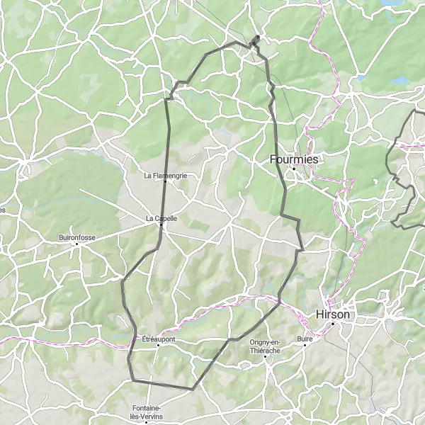 Map miniature of "A Scenic Adventure through Étrœungt and Sorbais" cycling inspiration in Nord-Pas de Calais, France. Generated by Tarmacs.app cycling route planner
