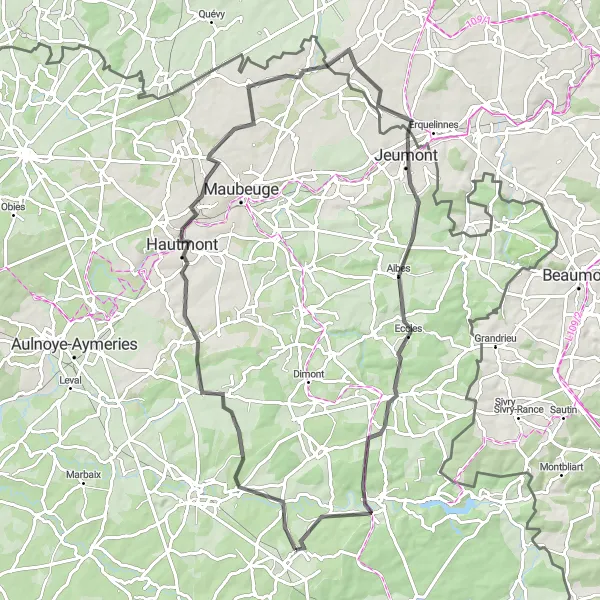 Map miniature of "Journey through Hautmont and Jeumont" cycling inspiration in Nord-Pas de Calais, France. Generated by Tarmacs.app cycling route planner