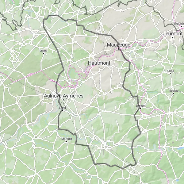 Miniature de la carte de l'inspiration cycliste "Bavay and Maubeuge Loop" dans la Nord-Pas de Calais, France. Générée par le planificateur d'itinéraire cycliste Tarmacs.app