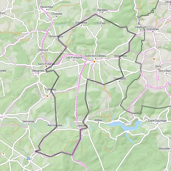 Miniature de la carte de l'inspiration cycliste "Sentiers enchantés de Felleries à Liessies" dans la Nord-Pas de Calais, France. Générée par le planificateur d'itinéraire cycliste Tarmacs.app