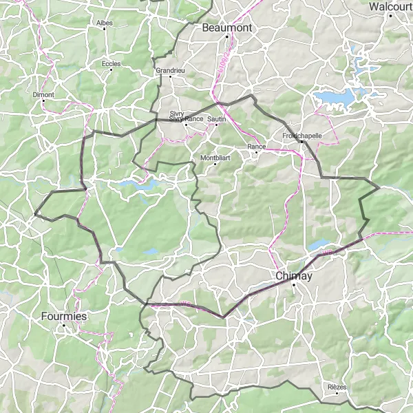 Miniature de la carte de l'inspiration cycliste "Chimay and Trélon Circuit" dans la Nord-Pas de Calais, France. Générée par le planificateur d'itinéraire cycliste Tarmacs.app