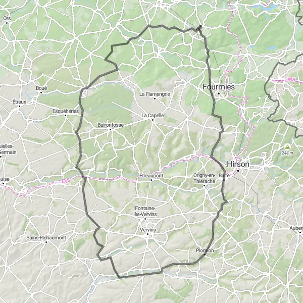 Miniature de la carte de l'inspiration cycliste "Thiérache Hilly Ride" dans la Nord-Pas de Calais, France. Générée par le planificateur d'itinéraire cycliste Tarmacs.app