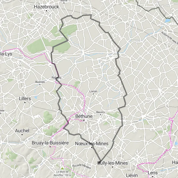 Map miniature of "Les Montagnes de l'Artois" cycling inspiration in Nord-Pas de Calais, France. Generated by Tarmacs.app cycling route planner