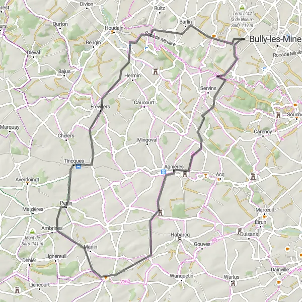 Map miniature of "The Ambrines Adventure" cycling inspiration in Nord-Pas de Calais, France. Generated by Tarmacs.app cycling route planner