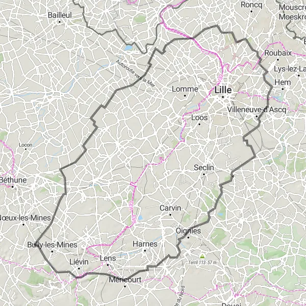 Map miniature of "Scenic Countryside and Historic Towns" cycling inspiration in Nord-Pas de Calais, France. Generated by Tarmacs.app cycling route planner