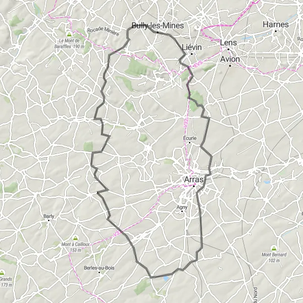 Miniature de la carte de l'inspiration cycliste "Vers les Monts de l'Artois" dans la Nord-Pas de Calais, France. Générée par le planificateur d'itinéraire cycliste Tarmacs.app