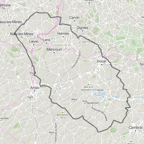 Miniature de la carte de l'inspiration cycliste "Les Collines de l'Artois" dans la Nord-Pas de Calais, France. Générée par le planificateur d'itinéraire cycliste Tarmacs.app
