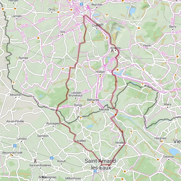 Map miniature of "Lecelles Gravel Loop" cycling inspiration in Nord-Pas de Calais, France. Generated by Tarmacs.app cycling route planner