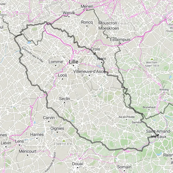 Miniature de la carte de l'inspiration cycliste "Les Vallées de la Deûle" dans la Nord-Pas de Calais, France. Générée par le planificateur d'itinéraire cycliste Tarmacs.app