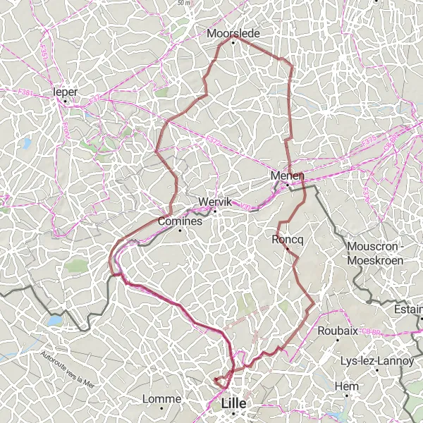 Map miniature of "Scenic Gravel Adventure" cycling inspiration in Nord-Pas de Calais, France. Generated by Tarmacs.app cycling route planner
