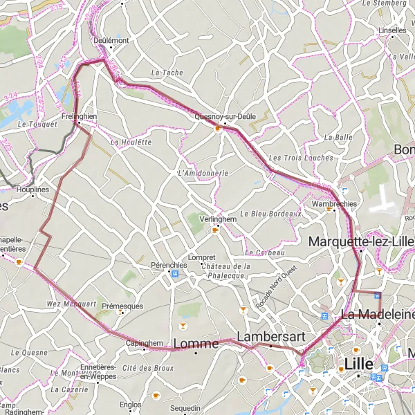 Map miniature of "Sunset spot, Lambersart, Deûlémont, Butte du Petit Paradis, Marquette-lez-Lille" cycling inspiration in Nord-Pas de Calais, France. Generated by Tarmacs.app cycling route planner