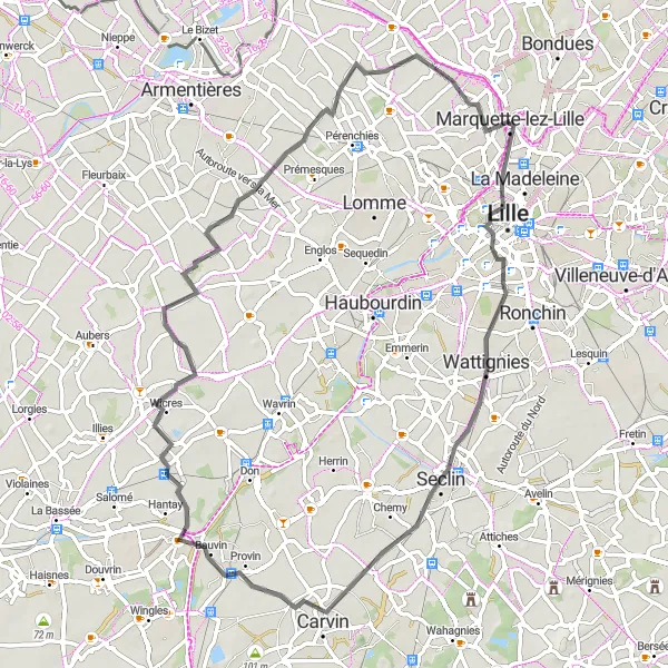 Map miniature of "Lille to Wambrechies" cycling inspiration in Nord-Pas de Calais, France. Generated by Tarmacs.app cycling route planner