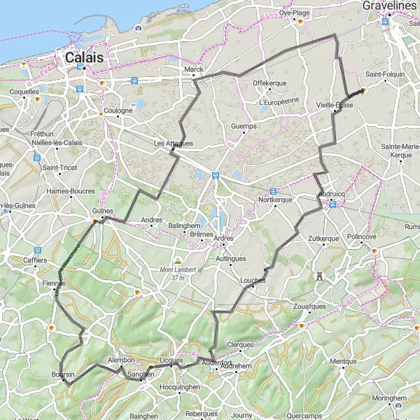Map miniature of "Scenic Cycling Experience in Nord-Pas de Calais" cycling inspiration in Nord-Pas de Calais, France. Generated by Tarmacs.app cycling route planner
