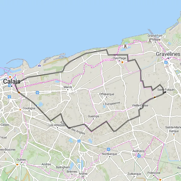 Map miniature of "Leisurely Ride in Nord-Pas de Calais" cycling inspiration in Nord-Pas de Calais, France. Generated by Tarmacs.app cycling route planner