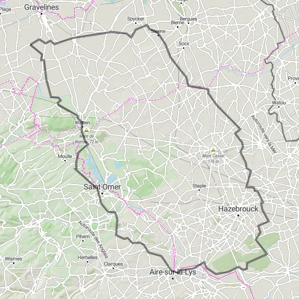 Map miniature of "Rural Road Cycling Route 23442" cycling inspiration in Nord-Pas de Calais, France. Generated by Tarmacs.app cycling route planner