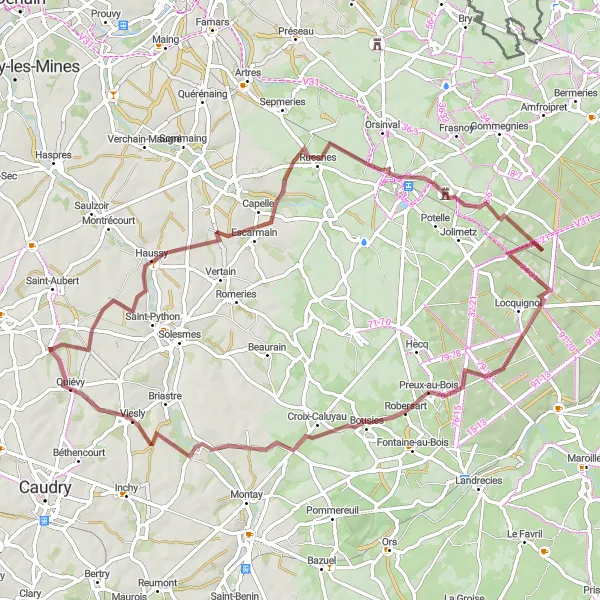 Map miniature of "Haussy Gravel Ride" cycling inspiration in Nord-Pas de Calais, France. Generated by Tarmacs.app cycling route planner