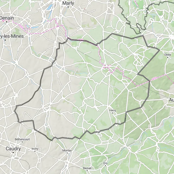 Map miniature of "Road Explorer's Delight" cycling inspiration in Nord-Pas de Calais, France. Generated by Tarmacs.app cycling route planner