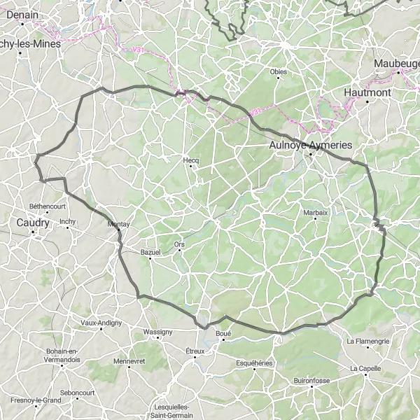 Map miniature of "The Challenge of the Hills" cycling inspiration in Nord-Pas de Calais, France. Generated by Tarmacs.app cycling route planner