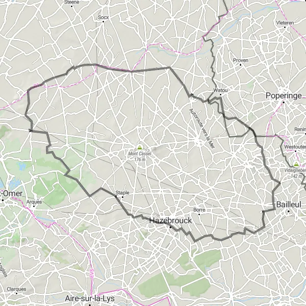 Miniature de la carte de l'inspiration cycliste "La Boucle de Merris et Buysscheure" dans la Nord-Pas de Calais, France. Générée par le planificateur d'itinéraire cycliste Tarmacs.app