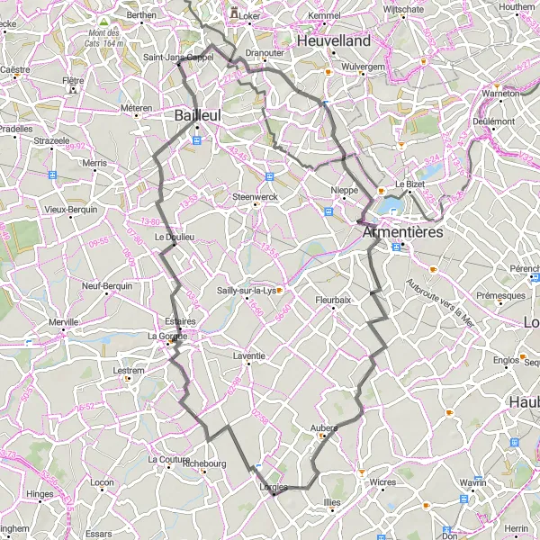 Map miniature of "Hille – Romarin – Fromelles - Saint-Jans-Cappel Cycling Route" cycling inspiration in Nord-Pas de Calais, France. Generated by Tarmacs.app cycling route planner