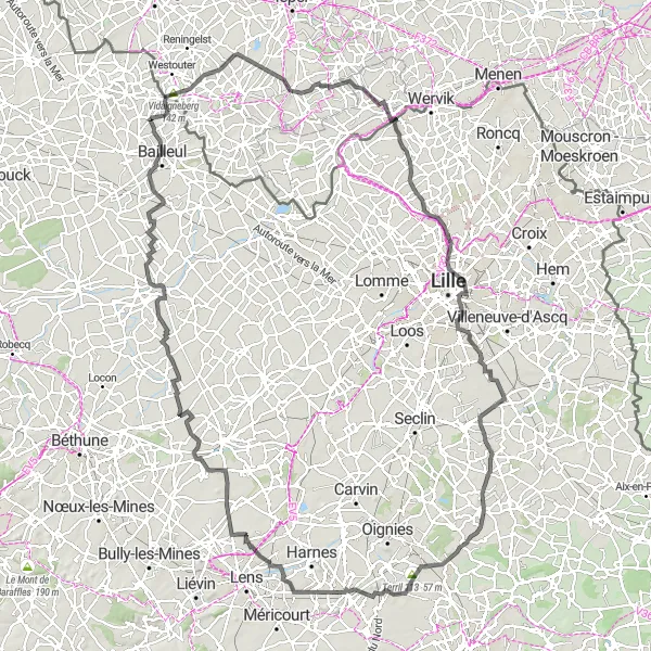 Map miniature of "Vidaigneberg – De Klijte – Esquelbecq - Saint-Jans-Cappel Cycling Route" cycling inspiration in Nord-Pas de Calais, France. Generated by Tarmacs.app cycling route planner
