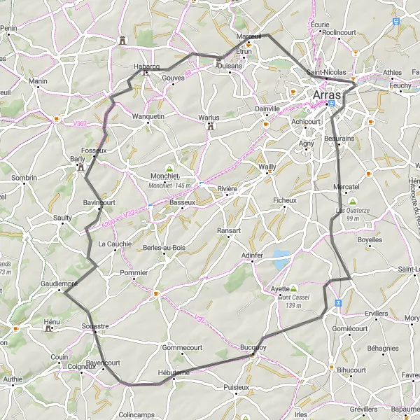 Map miniature of "The Hamelincourt Loop" cycling inspiration in Nord-Pas de Calais, France. Generated by Tarmacs.app cycling route planner