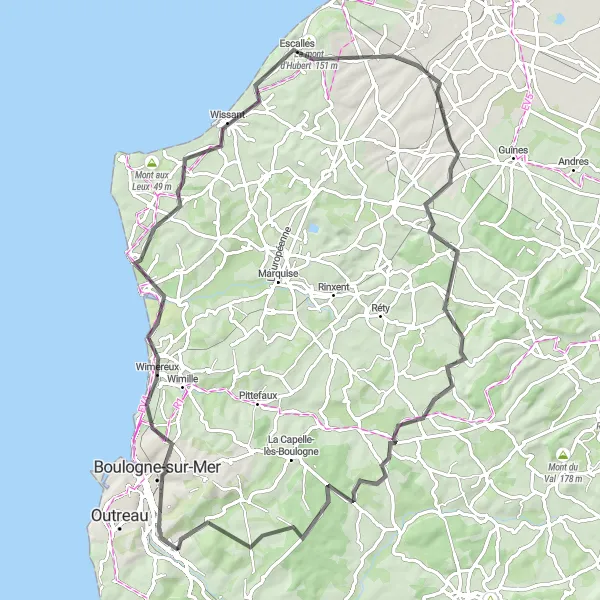 Miniature de la carte de l'inspiration cycliste "Le Circuit de la Côte" dans la Nord-Pas de Calais, France. Générée par le planificateur d'itinéraire cycliste Tarmacs.app