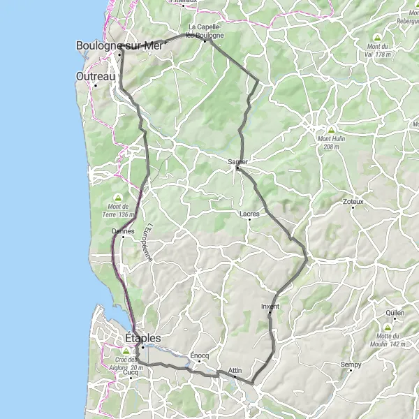 Miniature de la carte de l'inspiration cycliste "Circuit entre Saint-Martin-Boulogne et Boulogne-sur-Mer" dans la Nord-Pas de Calais, France. Générée par le planificateur d'itinéraire cycliste Tarmacs.app