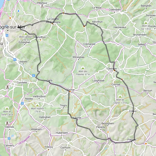 Miniature de la carte de l'inspiration cycliste "Tour de Conteville-lès-Boulogne" dans la Nord-Pas de Calais, France. Générée par le planificateur d'itinéraire cycliste Tarmacs.app
