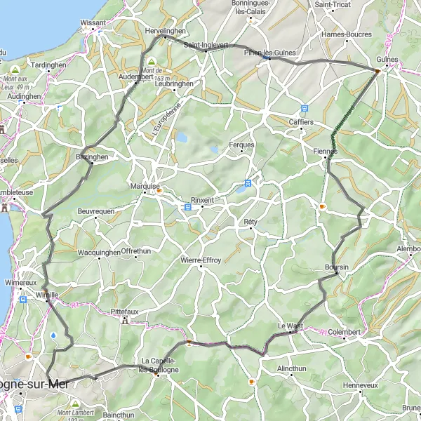 Map miniature of "Wimille and Beyond" cycling inspiration in Nord-Pas de Calais, France. Generated by Tarmacs.app cycling route planner