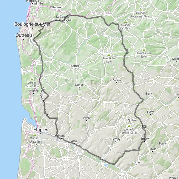 Miniature de la carte de l'inspiration cycliste "Les coteaux du Nord exaltants" dans la Nord-Pas de Calais, France. Générée par le planificateur d'itinéraire cycliste Tarmacs.app