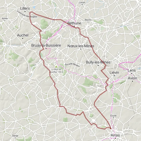 Miniature de la carte de l'inspiration cycliste "Parcours à travers Béthune" dans la Nord-Pas de Calais, France. Générée par le planificateur d'itinéraire cycliste Tarmacs.app