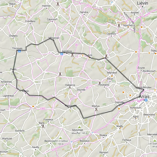 Map miniature of "Cobblestone Charm" cycling inspiration in Nord-Pas de Calais, France. Generated by Tarmacs.app cycling route planner