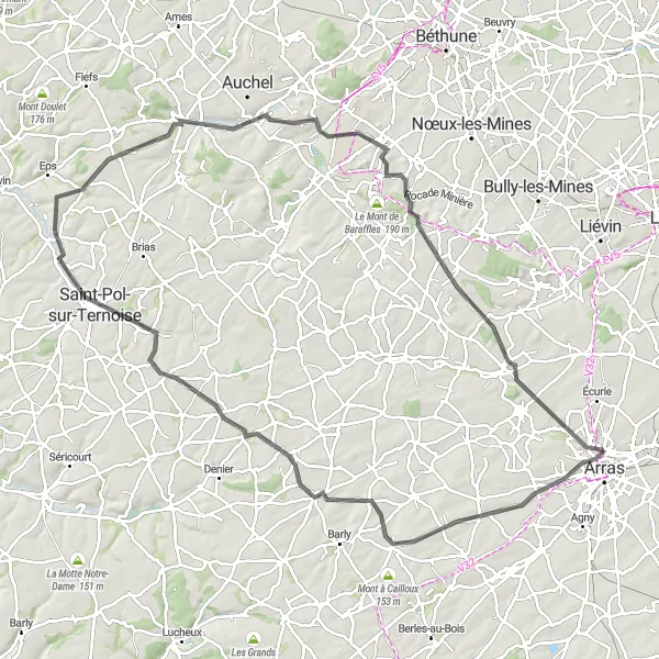 Miniature de la carte de l'inspiration cycliste "Grande boucle à travers la campagne nordiste" dans la Nord-Pas de Calais, France. Générée par le planificateur d'itinéraire cycliste Tarmacs.app